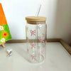 Pink Bow Glass Tumbler – 500ml Reusable Cup with Lid & Straw